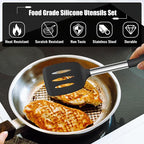 E-far 14 Pieces Silicone Cooking Utensils Set, Kitchen Utensils Set with Holder, Spatula, Ladle, Spoon, Tong, Slotted Turner for Nonstick Cookware, Heat Resistant & Stainless Steel Handle, Black