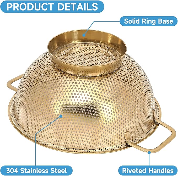 Gold Strainer for Kitchen, 3QT, Stainless Steel Colander with Handle for Fruits Vegetables Cooking Food, Dishwasher Safe