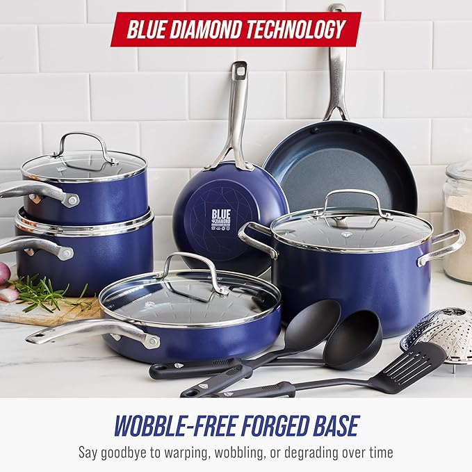 Blue Diamond 14 Piece Nonstick Cookware Set, Diamond Ceramic Pots & Pans, Dishwasher & Metal Utensil Safe, Non Toxic PFAS-Free, Kitchen Cooking Sauce & Saute Pans, Oven & Broiler to 600F, Blue