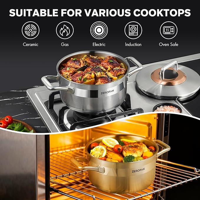 Hybrid Nonstick 3-Quart Stockpot,8 Inch Stainless Steel Stockpot with Lid,Non-stick Soup Pot,PFAS PFOA PTFE Free,Dishwasher-Friendly, Oven-Safe Up to 600°F,Compatible with All Cooktops