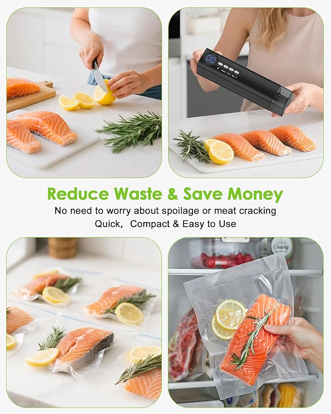 Small Magnetic Vacuum Sealer for Food, 62 Kpa Strong Suction, 3-in-1 Cordless Rechargeable Food Sealer with 1 Vacuum Bag & 4 Snack Bags, Heat Sealer, Inflation Pump for Balls/Swim Ring - Black