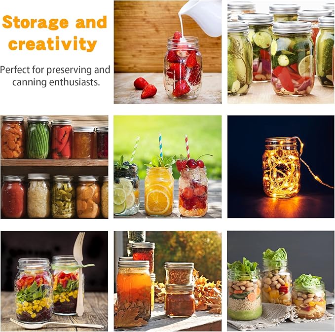 Regular Mouth Glass Mason Jars 16 oz, 6 Pack Glass Canning Jars with Metal Airtight Lids and Bands and Measurement Marks, for Canning, Preserving, Overnight Oats, Jam, Jelly, Food Storage, DIY etc