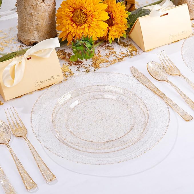 WDF 200PCS Gold Plastic Plates - Gold Glitter Plastic Plates - Heavy Duty Gold Glitter Disposable Plates - Include 100 Dinner Plates 10" and 100 Dessert Plate 7" for Parties/Wedding