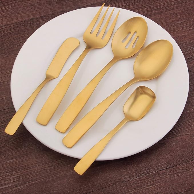 O.C.E. 5-Piece Matte Gold Serving Flatware Silverware Set, Utensil Set of Stainless Steel, Satin Finish, Hostess Tableware Serving Set, Dishwasher Safe