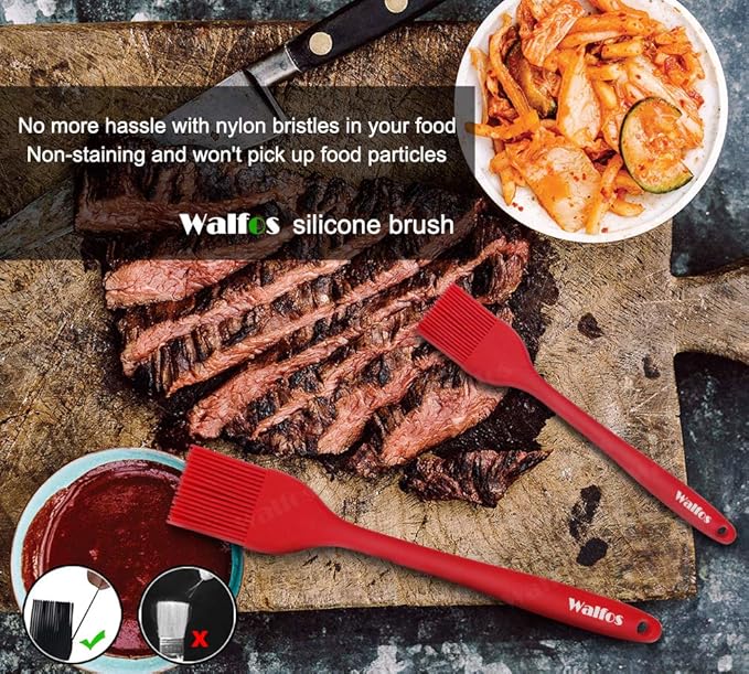 Walfos Silicone Basting Pastry Brush, Heat Resistant Pastry Brush Set, Strong Steel Core and One-Pieces Design, Perfect for BBQ Grill Baking Kitchen Cooking, BPA Free and Dishwasher safe, 2 Pcs (red)