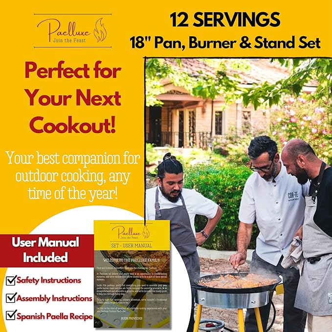 Paella Burner and Stand Set 12 Servings, 18 Inch Paella Pan, Dual Propane Outdoor Stove with Stand & Regulator, Portable Gas Cooker for Camping Crawfish Boil Cooking Outdoor, Paellera Propano