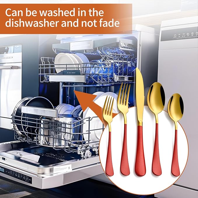 20 Piece Gold and Red 18/0 Flatware Utensil Set for 4, Include Dinner Knife,Dinner Forks,Dinner Spoons,Salad Forks,Teaspoons,Silverware Set for 4, Dishwasher Safe