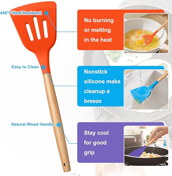 E-far Silicone Cooking Utensils Set, 5-Piece Kitchen Utensils Set with Wooden Handle for Cooking, Silicone Kitchen Nonstick Tools Spatula Turner Slotted Spoons, Nontoxic & Heat Resistant-Colorful