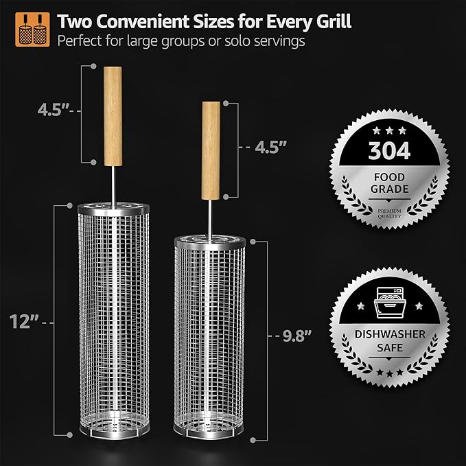 Sorbus Grill Basket - Stainless Steel Large Folding Barbecue Grilling Basket with Handle, Portable BBQ Accessories for Fish, Shrimp, Vegetables, Grilling Accessories, Gifts for Outdoor Cooking Camping (Round 2 Pack)