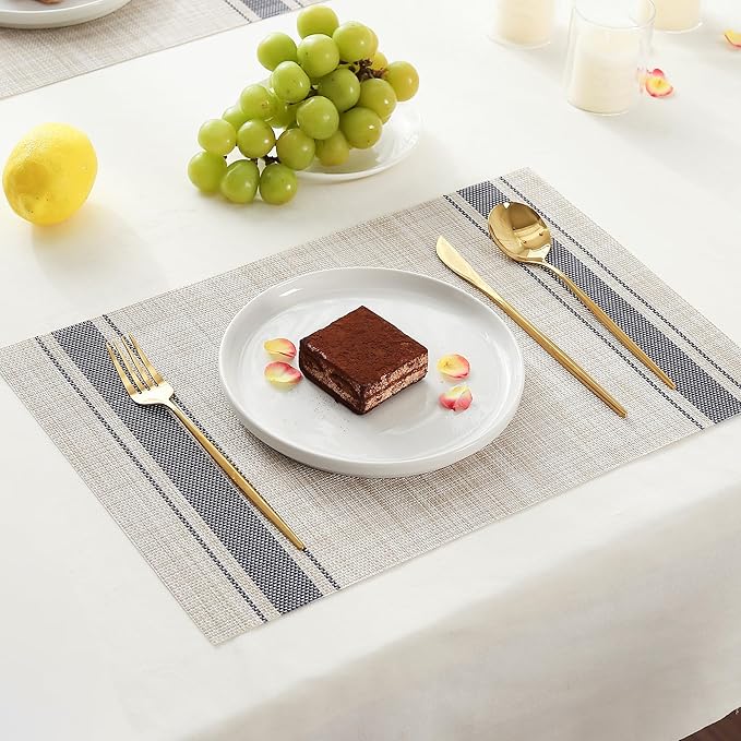 Leetaltree Khaki-Blue Placemats, Heat Resistant Non-Slip Place mats for Dining Table, Washable Durable PVC Vinyl Woven Table Mats (Set of 12)