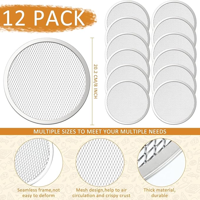 Dandat 12 Pieces 8 Inch Pizza Screen Round Aluminum Mesh Pans with Holes Bulk Seamless Pizza Trays for Oven Nonstick Baking Sheet Mesh Baking Screen for Party Kitchen Restaurant Cooking Supplies