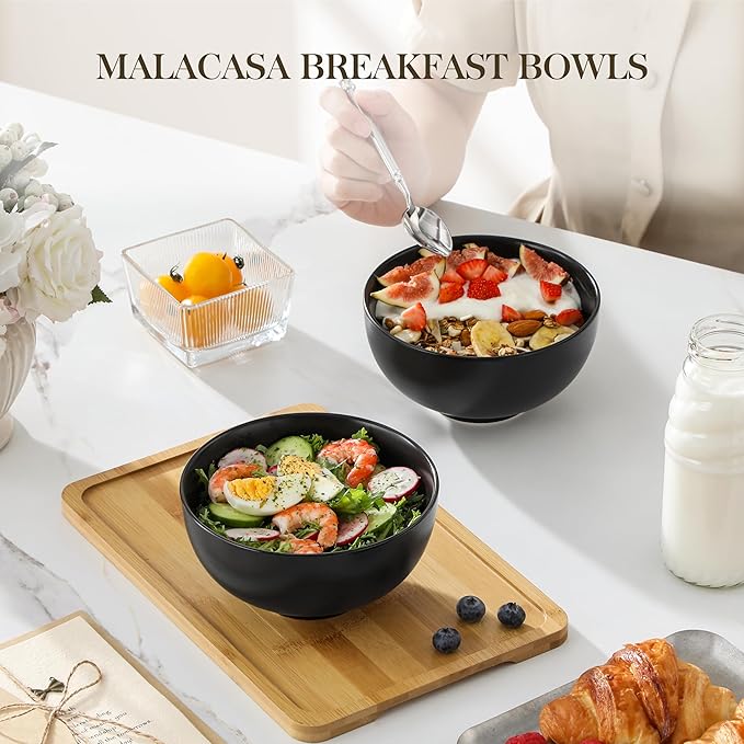 MALACASA 26 OZ Porcelain Soup Bowls Set of 6, Black Ceramic Bowls for Kitchen, Cereal Bowl for Oatmeal, Fruit, Salad, Ramen and Rice Bowl -Dishwasher & Microwave Safe Bowls