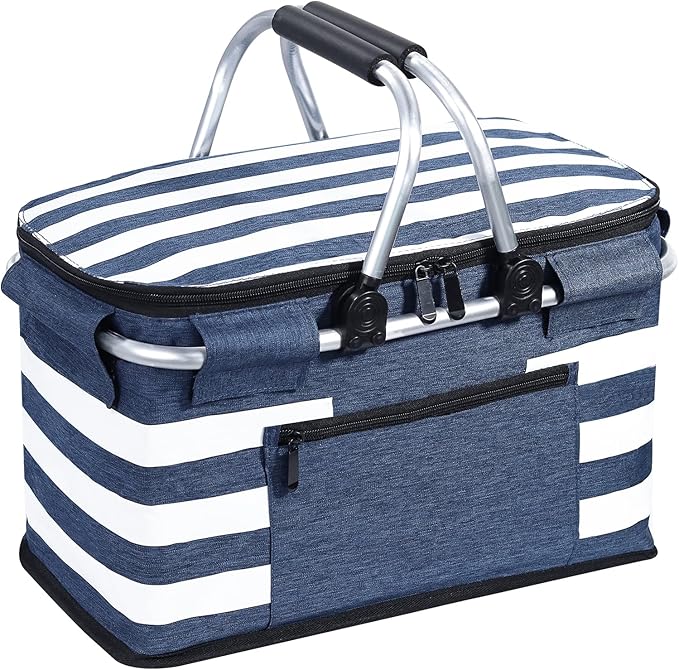 Insulated Picnic Basket,Leak-Proof Collapsible Cooler Bag,26L Grocery Basket with Lid,2 Sturdy Handles,Storage Basket for Picnic,Food Delivery,Take Outs,Market Shopping,Travel (Blue)