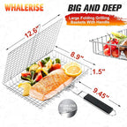 Grill Basket for Outdoor Grill, Stainless Steel Grilling Basket with Foldable Handle, Portable BBQ Cooking Rack for Fish, Vegetables, Shrimp, Chicken - Includes BBQ Skewers 6pcs,Basting Brush,Scrub Sponge-Upgrade