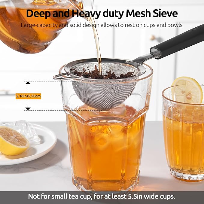 U-Taste Small Fine Mesh Strainer: 18/8 Stainless Steel 3.35in 30 Mesh Kitchen Food Sieve with Sturdy Riveted Silicone Handle, Heavy Duty Deep Handheld Metal Colander for Tea, Juice (Black)