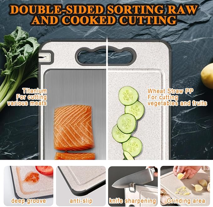Titanium Cutting Board Professional Double - 2 in 1 Cutting Boards For Kitche, Pure Titanium and Wheat Straw PP, Double Sided 14.4 x 9.8 Inch - Dishwasher Safe, for Fruits, Meat, Vegetables, Camping