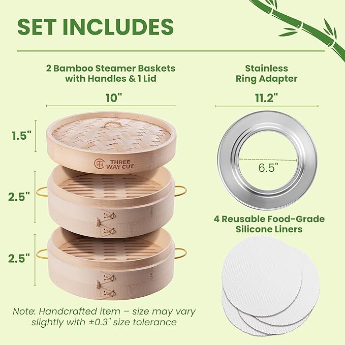 Bamboo Steamer 10 Inch 2 Tier Wooden Basket With Handle, Ring Adapter, Reusable Silicone Liner, Kit For Cooking Dumpling Baby Bao Bun, Dim Sum, Rice Potsticker Steaming Chinese Asian Food & Vegetables