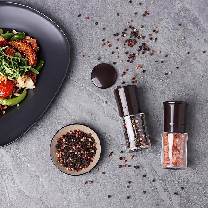 Vzaahu Salt and Pepper Grinder Set Brown, Refillable Small Shakers, Adjustable Coarseness, Ceramic Burr, Peppermill, Kitchen Cooking
