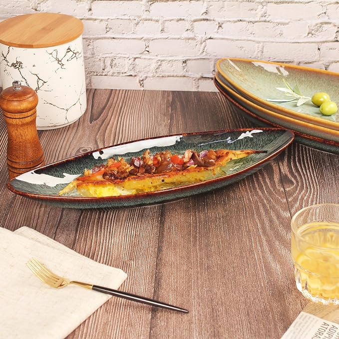 Serving Platter Olives Plate Large Tray Set of 4, For Entertaining Porcelain Trays, Salad, Appetizer, Pasta,Microwave, ovens dishwashers Safe,Brown reactive glaze 15.4 Inch