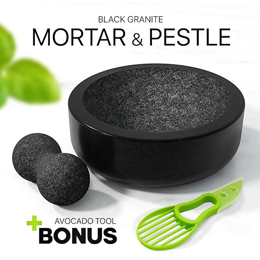 Umien™ Granite Mortar and Pestle Set - 100% Granite - 3.5-Cups - 8-Inch – Avocado Tool Included – Natural Stone Molcajete for Spices, Pestos, & Guacamole (Black) - Stone Grinder - Guacamole