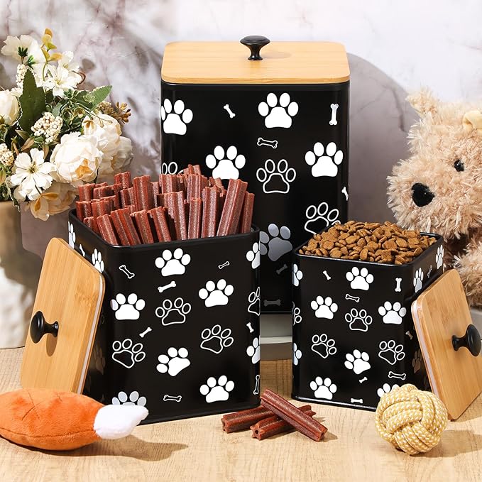 3 Pack Airtight Dog Food Containers with Bamboo Lids, Metal Dog Treat Jars Canisters for Kibble, Biscuits, Snacks, Cookies, Pet Food Storage Set for Kitchen Counter(Black)