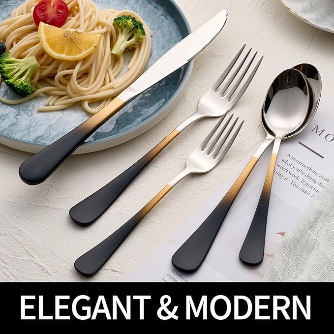 20-Pieces Black gold Silverware Sets for 4,Black gold Handle Stainless Steel Cutlery Set, Include Forks Spoons and Knives Set, Dishwasher Safe Utensil Sets for Home Restaurant