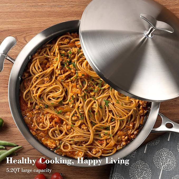 12 Inch Frying Pan with Lid, Tri-ply Stainless Steel Saute Pan, Non Stick Pans, Non Toxic Frying Pan, 5.2 QT Deep Skillet PTFE&PFOA Free, Induction, Oven & Dishwasher Safe