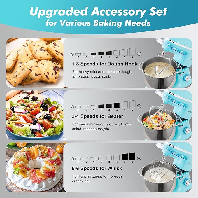 Aucma Stand Mixer, 900W 8QT Large Kitchen Mixer, Kitchen Electric Mixers with Dough Hook, Wire Whip & Beater (Blue, 8QT)