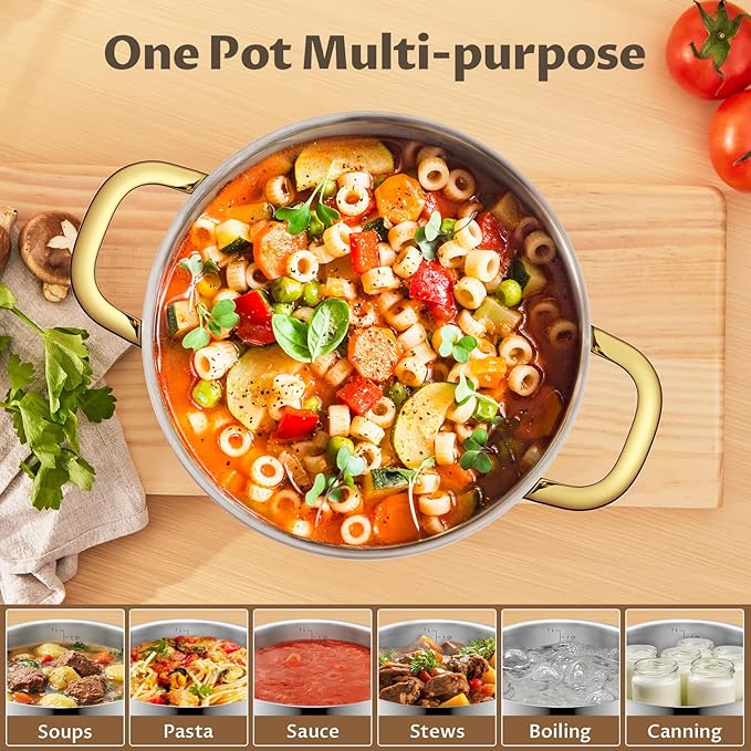 BEZIA 8 Quart Stainless Steel Stockpot with Lid, Induction Compatible Cooking Pots, Triple-Layer Bottom for Even Heat, Pasta & Soup Pot for Cooking, Boiling, Stewing, Dishwasher Safe