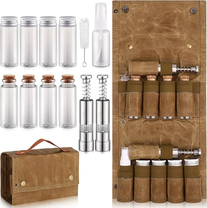 TOBWOLF Camping Spice Kit with 9 Jars, 2 Salt/Pepper Grinders, Portable Spice Bag, Foldable Canvas Seasoning Storage Bag Organizer, Mini Condiment Container Set for Outdoor Camping Picnic BBQ - Khaki