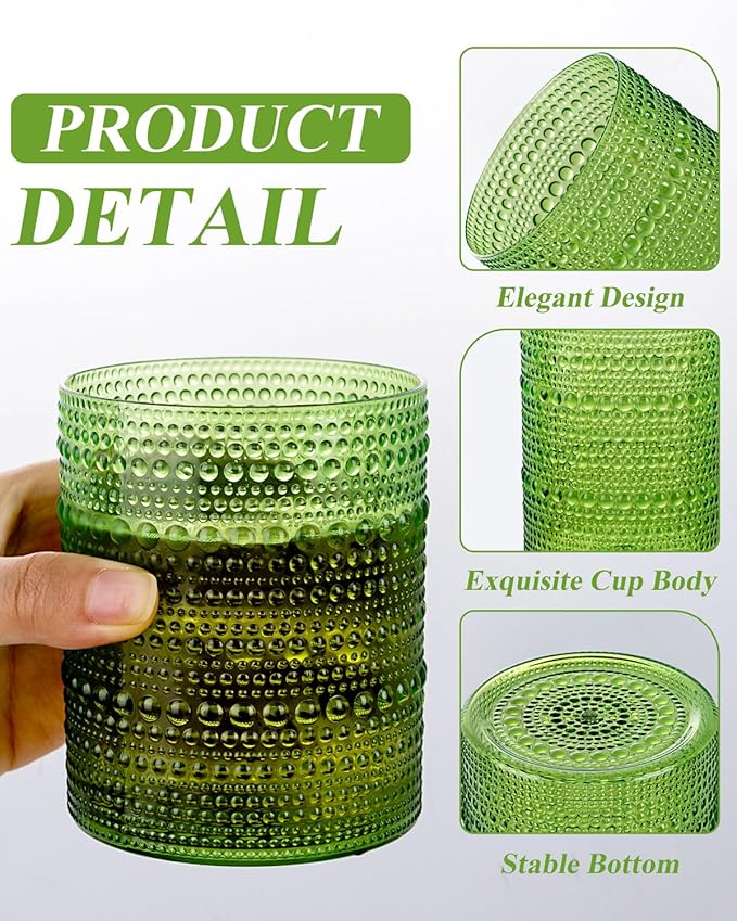 18PCS Hobnail Plastic Drinking Glasses - 14Oz Beaded Glasses Drinkware Set Disposable - Green Vintage Plastic Bubble Glassware for Beer, Juice, Cocktail, Whiskey, Milk and Various Mixed Drinks