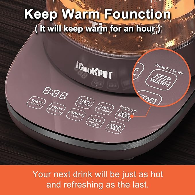 Titanium Hot Tea Maker Glass Electric Kettle with Infuser and Temperature Control,1.5L Tea Maker & 1500W Rapid Boiling,Programmable Control for your Favorite Teas and Coffee-Brown