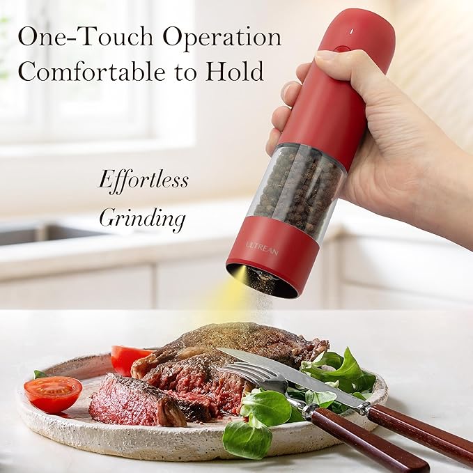 Ultrean Electric Pepper Grinder, Rechargeable Salt and Pepper Grinder with 6 Adjustable Coarseness, LED Light, One-Hand Automatic Operation, Crimson Red