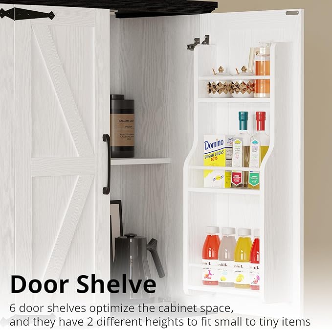 IRONCK Farmhouse Kitchen Pantry Cabinet, Tall Storage Cabinet with 6 Hanging Shelves and Adjustable Shelves, Freestanding Cupboard with Barn Doors for Kitchen, Dining Room，White/Black