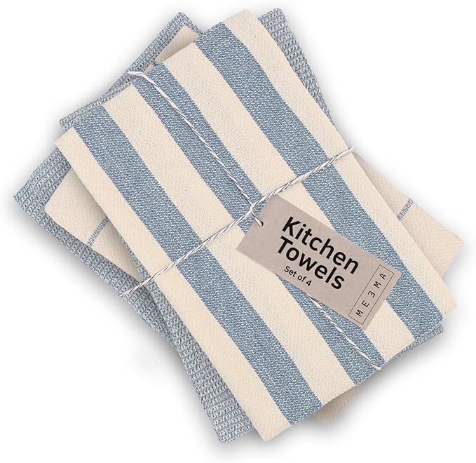 MEEMA Kitchen Towels and Dishcloths Sets of 4 | Large 18 x 28 Inch | Upcycled Cotton Tea Towel | Super Absorbent Cotton Dish Towels for Kitchen | Blue Stripes | Hand Towels