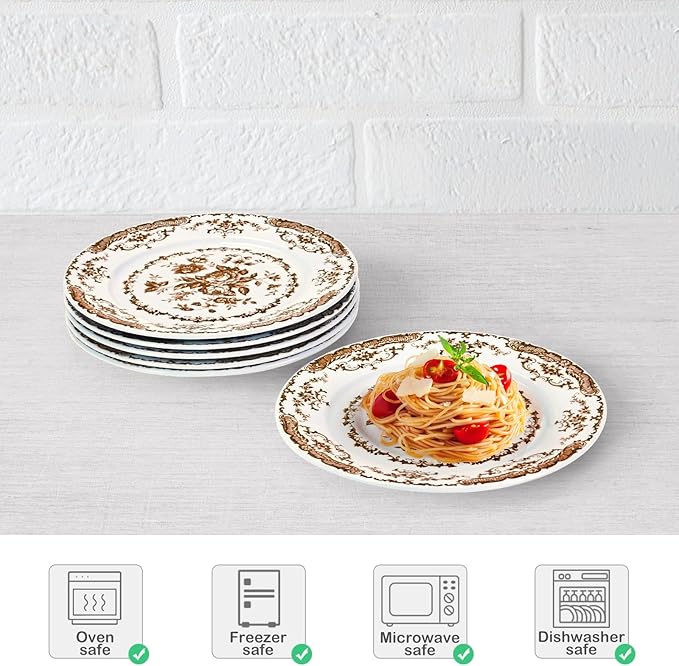 Salad Plates, 8.5 Inch Ceramic Plates Set of 6, Kitchen Plates Microwave Safe Plate, White Porcelain Dessert Porcelain Serving Dishes, Brown