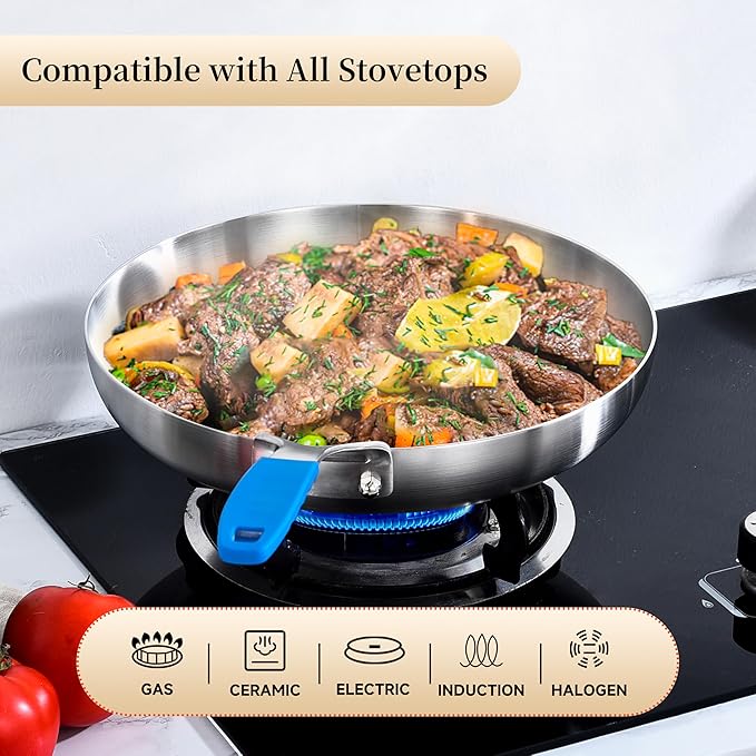 Inqibee 12 Inch Tri-Ply Stainless Steel Frying Pan with Lid,Skillet,Induction Cooking Pan,Dishwasher Safe and Detachable Handle