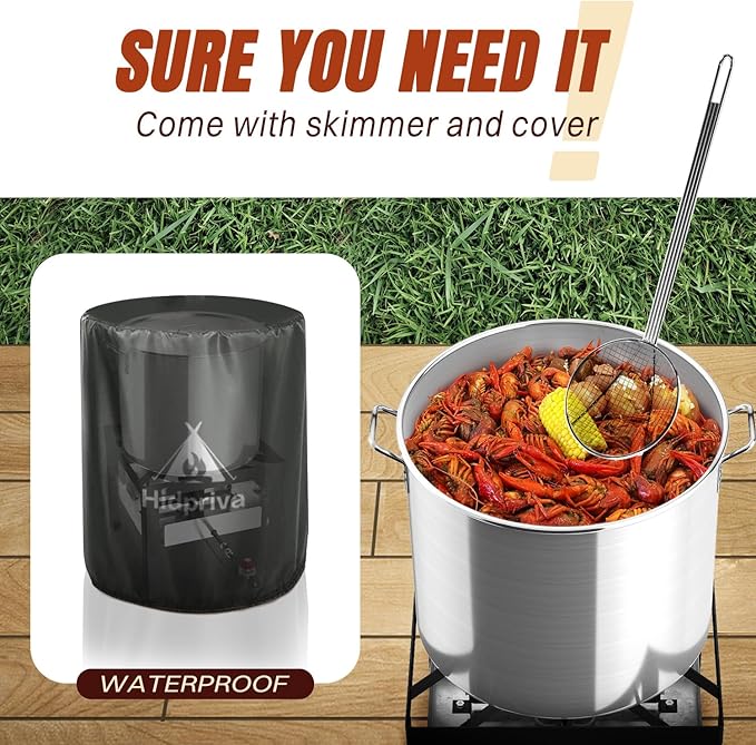 80QT Crawfish Boiler Kit, Waterproof Cover & 18-inch Skimmer, 110,000BTU Propane Burner Stove, 0-20PSIG Regulator, Aluminum Seafood Boil Pot, Crab Boil Pot with Basket
