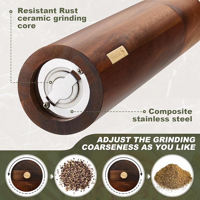 Wooden Salt and Pepper Grinder Set 8 Inch Manual Salt and Pepper Mill with Tray Adjustable Coarseness Refillable Wood Grinders with Gold Bottle Label for Kitchen(Wood Color)