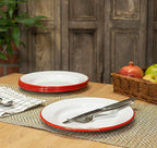 Red Co. Set of 4 Enamelware Metal Classic 10" Round Dinner Plate, Solid White/Red Rim