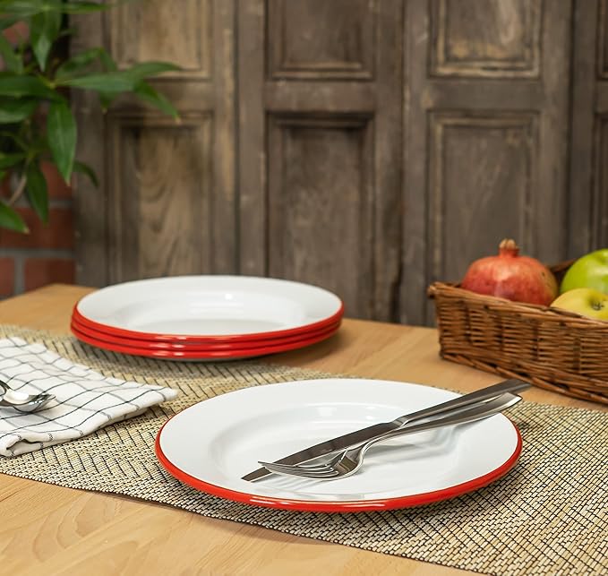 Red Co. Set of 4 Enamelware Metal Classic 10" Round Dinner Plate, Solid White/Red Rim