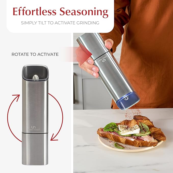 Automatic Salt and Pepper Grinder Set - Rechargeable Electric Salt and Pepper Shakers with Adjustable Coarseness, LED Light, One-Handed Use, Gravity Salt Grinder and Electric Pepper Mill
