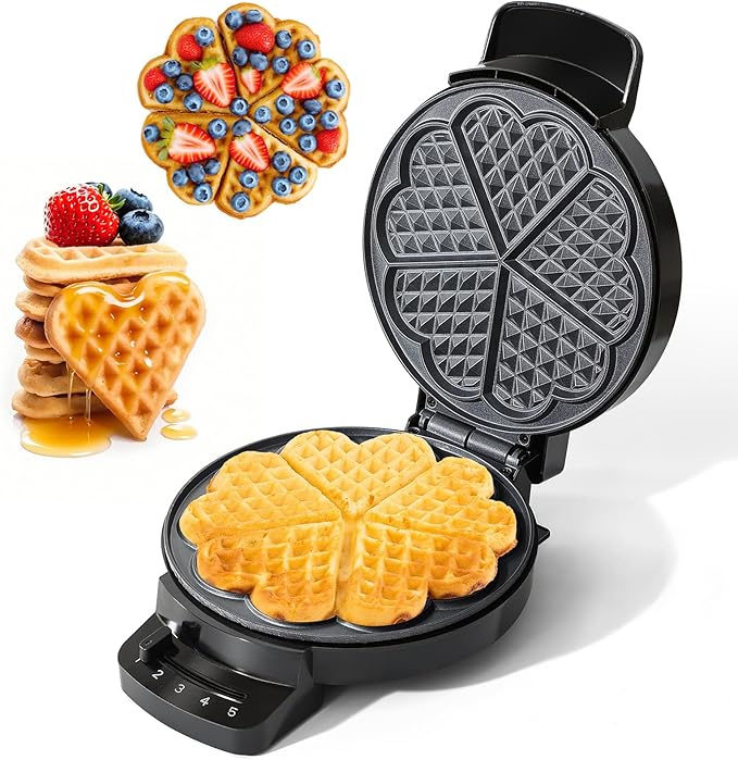Heart Waffle Maker, Heart Shaped Waffle Iron 5 Slices, Mini Waffle Makers with 8'' Non-stick Plates, Adjustable 5 Browning Control, Cool Touch Handle, Easy to Clean, 1000W