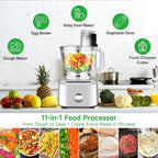 Homtone 16 Cup Food Processor Large, Aluminum-Diecast 11-In-1Food Processor with Whisk, 5 Preset Modes& Stepless Speed Control, 8 Blades for Shred, Slice, Chop, Knead, Dice, Fries Cut, 650W, Sliver