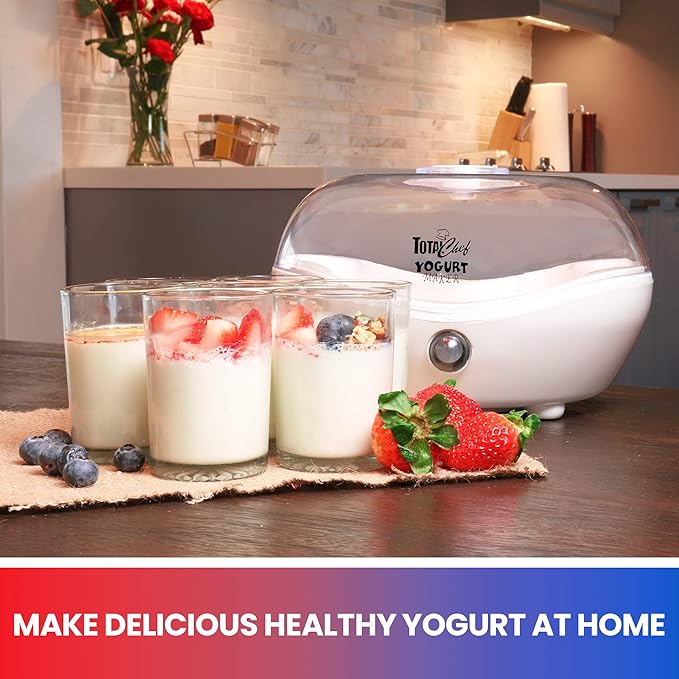 Total Chef Yogurt Maker, 1L (1.1 qt) with 7 Glass Jars and Lids, One Touch Operation, White, Perfect for Natural, Organic, Sweetened or Sugar-Free, Flavored, Plain, or Lactose-Free Homemade Yogurt