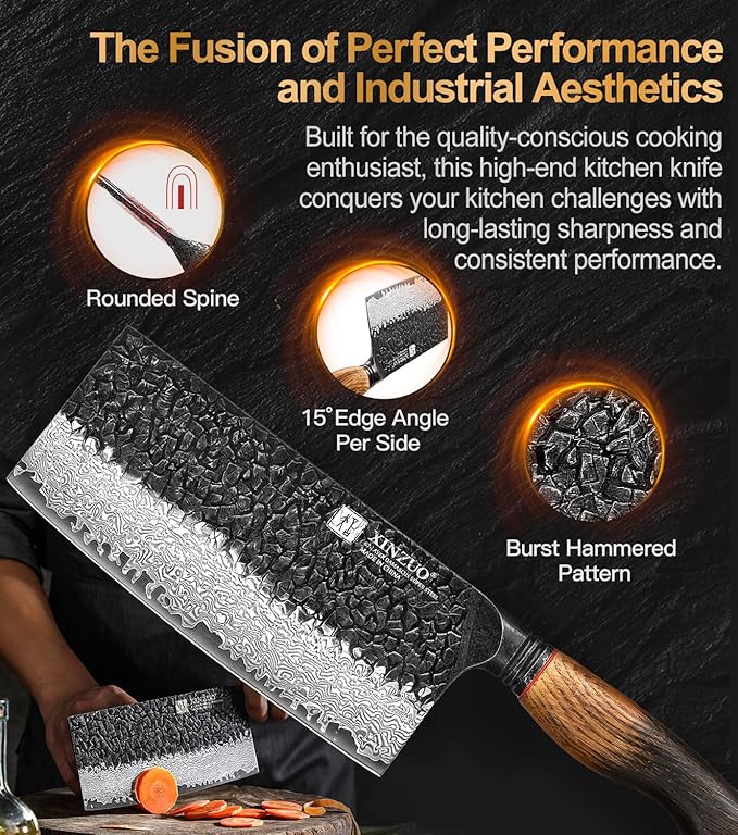 XINZUO 7.3 Inch Vegetable Cleaver Knife,10Cr15Comov Steel Core Forged Damascus Steel,Sharp Slicing Knife For Home Kitchen And Restaurant,Ergonomic White Oak + Red G10 Gasket Handle