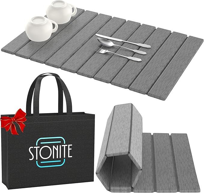 Stone Drying Mat for Kitchen Counter W/ Tote Bag, Large Stone Dish Drying Mat Foldable, Absorbent Diatomaceous Quick Dry Stone Mat Kitchen Dishes Bottles Cups Bathroom Any Countertop 23" x 15.3"