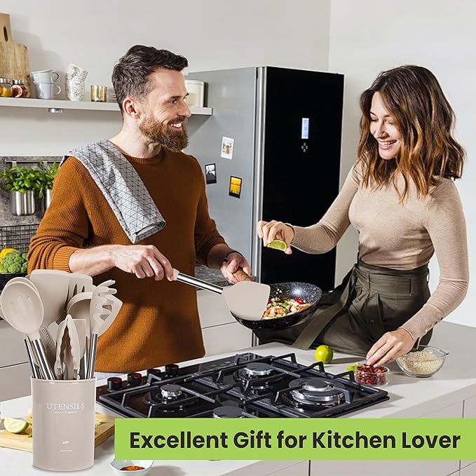 Large Cooking Utensils Set, 35 Pcs Kitchen Utensils Set with Holder, Silicone Spatula Set with Stainless Steel Handle, Whisk, Basting Brush, Kitchen Gadgets for Nonstick Cookware (Khaki)