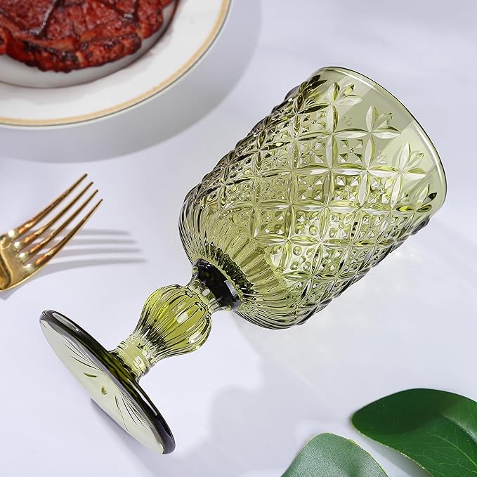 Joeyan Green Vintage Wine Glasses,Water Goblet Glasses,Stemmed Drinking Glasses with Embossed Pattern,Colored Glassware for Wedding Party Banquet Feast,10 oz,Set of 4,Dishwasher Safe