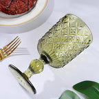 Joeyan Green Vintage Wine Glasses,Water Goblet Glasses,Stemmed Drinking Glasses with Embossed Pattern,Colored Glassware for Wedding Party Banquet Feast,10 oz,Set of 4,Dishwasher Safe